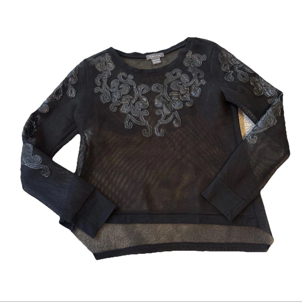 GRACIA Women’s Sexy Black Faux Leather Mermaid Scales MESH Blouse Size L - Picture 2 of 16